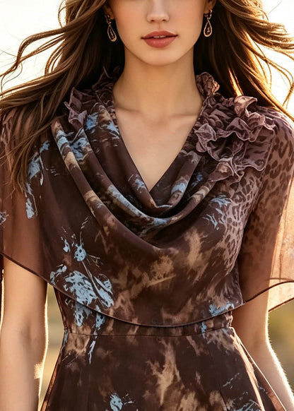 Classy Coffee Turtle Neck Print Chiffon Top Summer