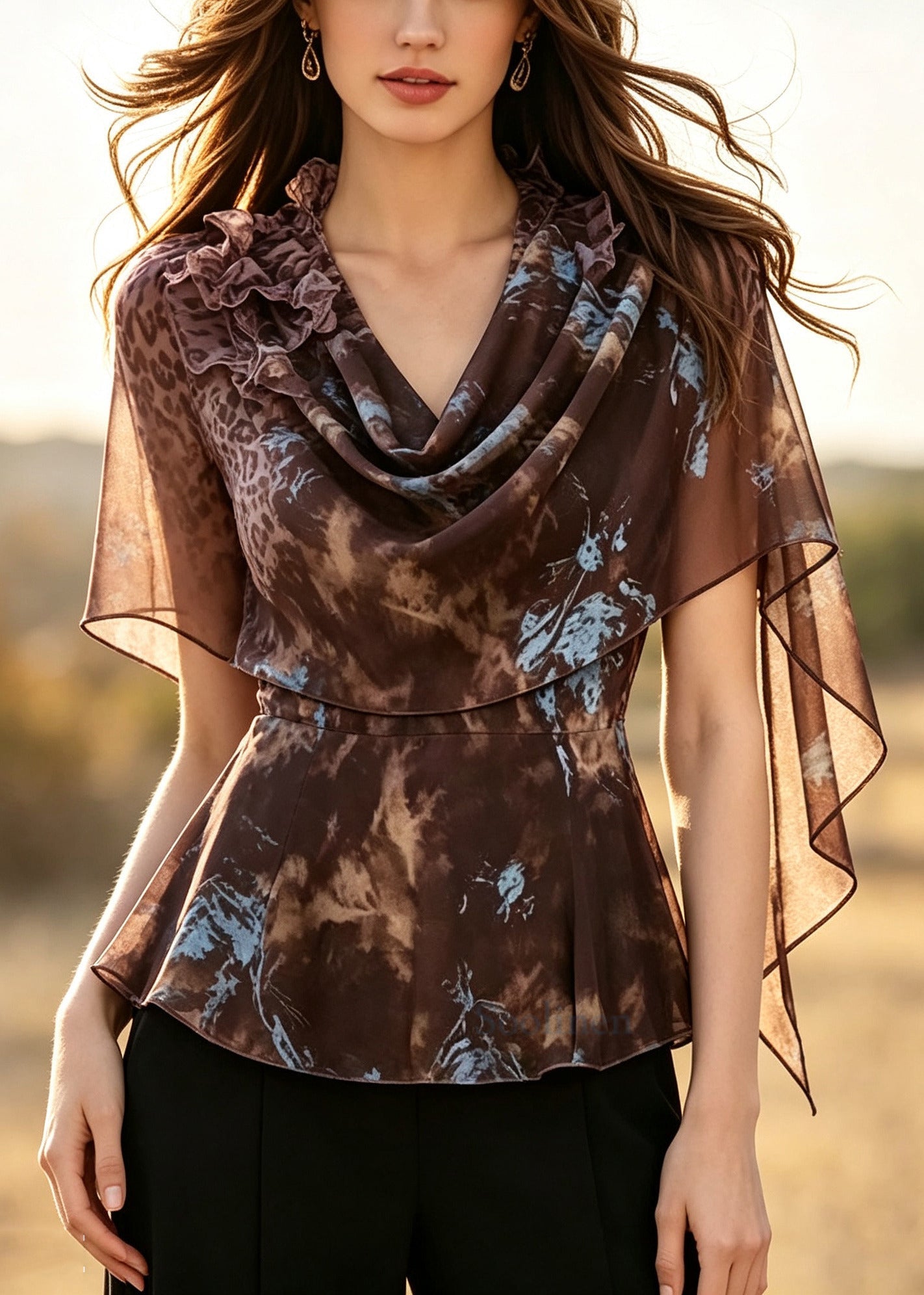 Classy Coffee Turtle Neck Print Chiffon Top Summer