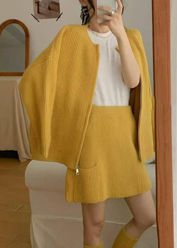 Classy Coffee Zippered Patchwork Cotton Knit Sweaters, Top And Skirts Three Pieces Set Fall