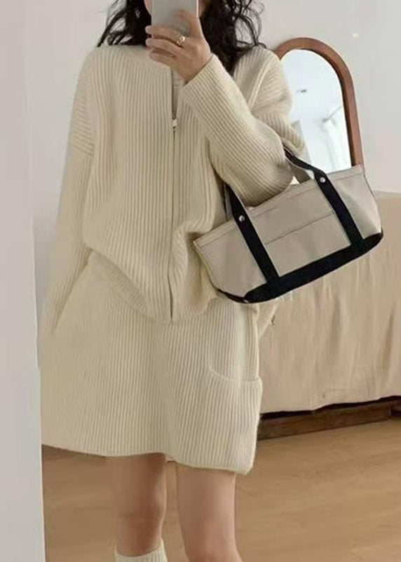Classy Coffee Zippered Patchwork Cotton Knit Sweaters, Top And Skirts Three Pieces Set Fall