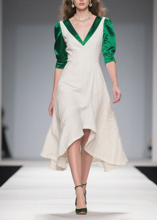 Classy Colorblock Asymmetrical Patchwork Linen Silk Dress Summer