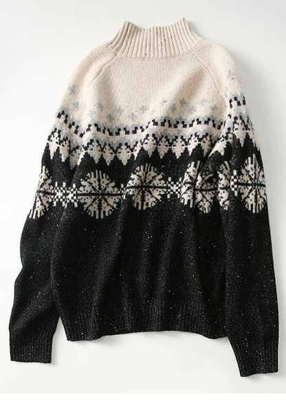 Edler Colorblock-Stehkragen Dicker Wollstrickpullover mit Paillettendruck Tops Winter