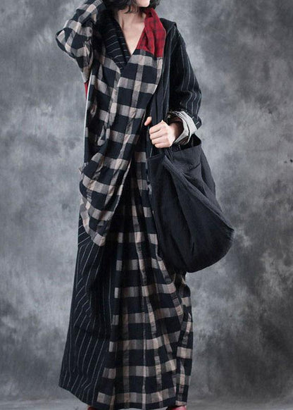 Classy Colorblock Plaid V Neck Pockets Holiday Dress Fall Long Sleeve - SooLinen