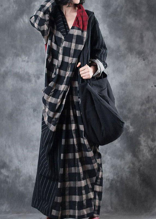 Classy Colorblock Plaid V Neck Pockets Holiday Dress Fall Long Sleeve - SooLinen