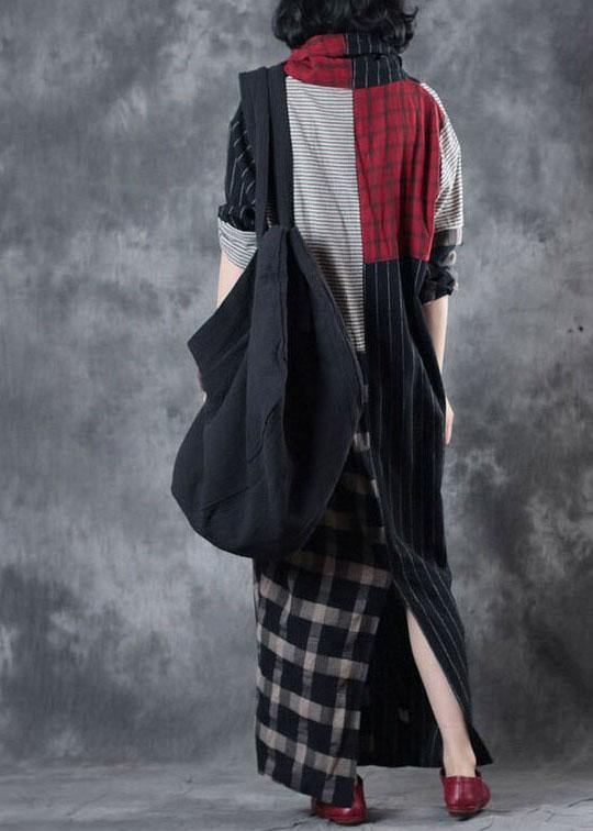 Classy Colorblock Plaid V Neck Pockets Holiday Dress Fall Long Sleeve - SooLinen