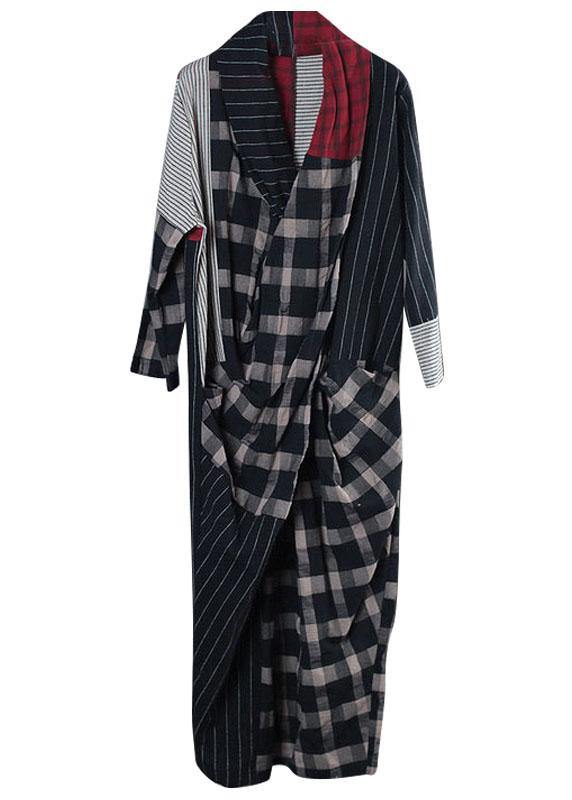 Classy Colorblock Plaid V Neck Pockets Holiday Dress Fall Long Sleeve - SooLinen