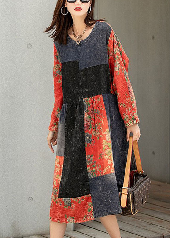 Edler Colorblock-Print Patchwork-Taschen Herbst Maxikleider Halbarm