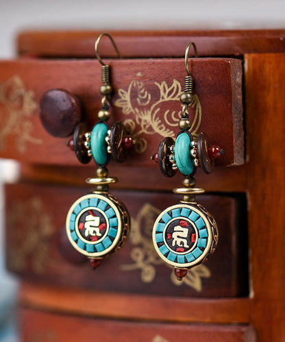 Pendientes colgantes con borlas turquesas y cuentas de cobre incrustadas en aleación de plata de ley con bloques de colores