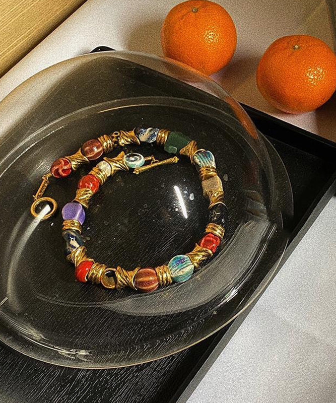 Collar elegante de cuentas con diseño de patchwork de cerámica y bloques de color en plata esterlina