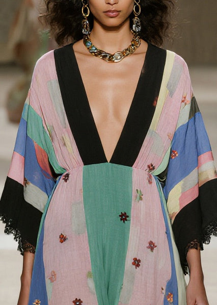 Classy Colorblock V Neck Patchwork Lace Cotton Robe Dress Summer