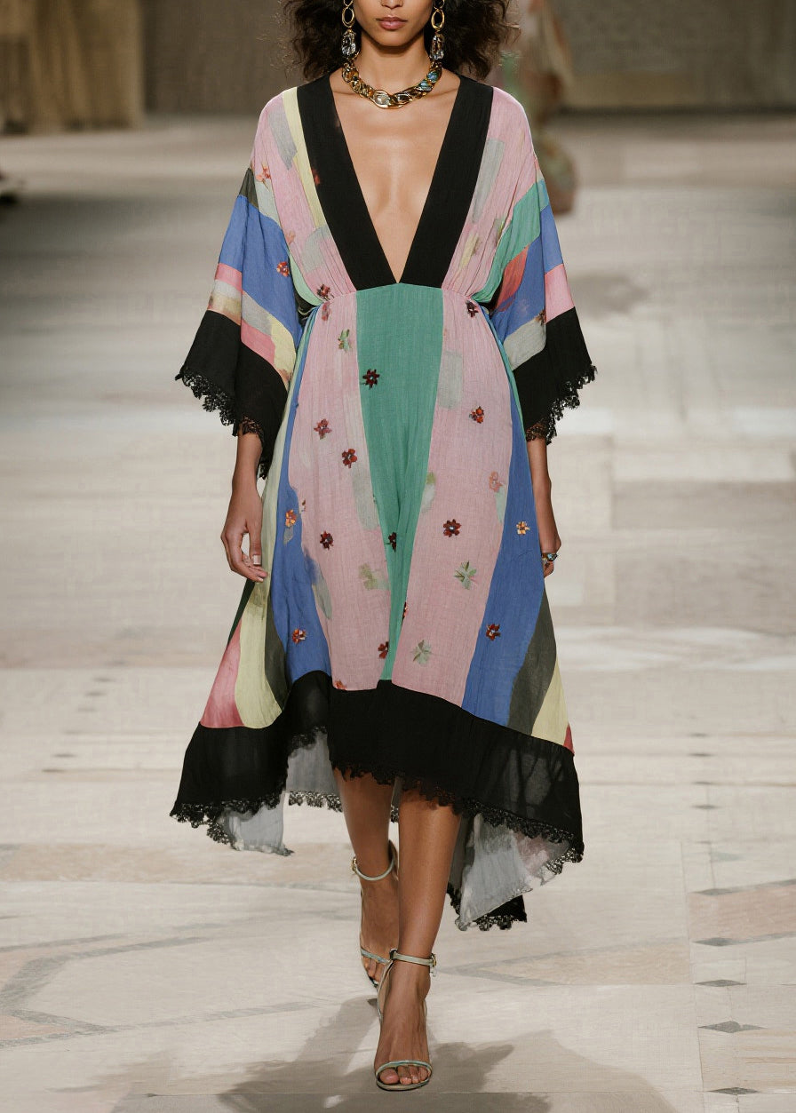 Classy Colorblock V Neck Patchwork Lace Cotton Robe Dress Summer