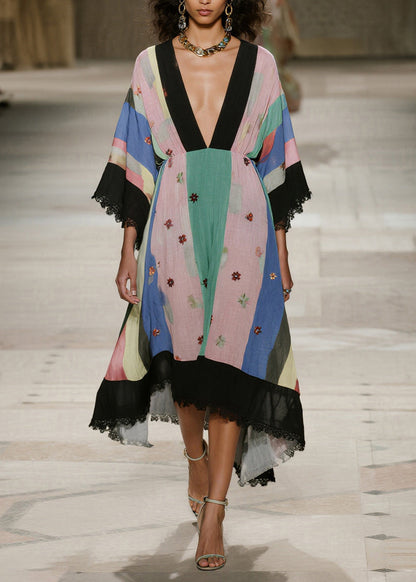 Classy Colorblock V Neck Patchwork Lace Cotton Robe Dress Summer