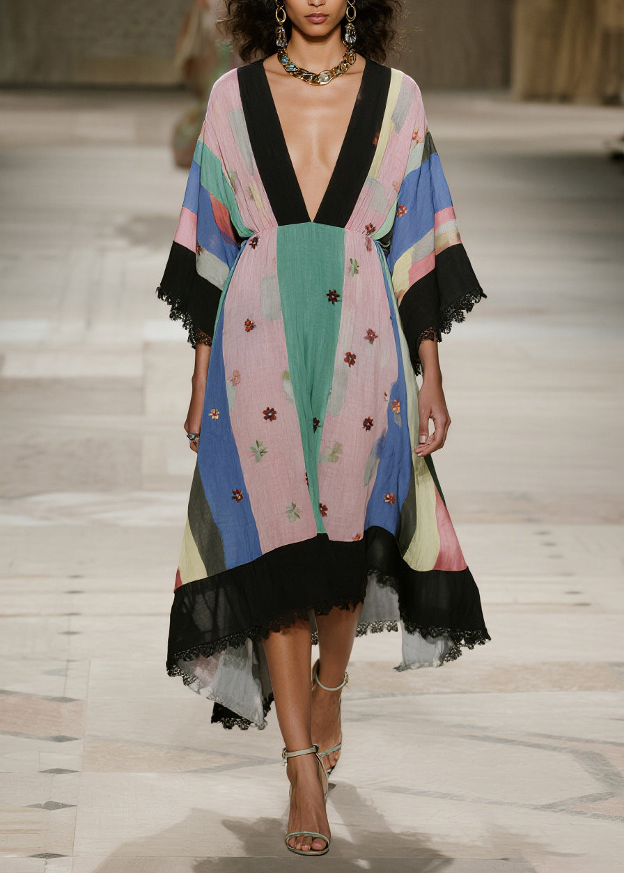 Classy Colorblock V Neck Patchwork Lace Cotton Robe Dress Summer