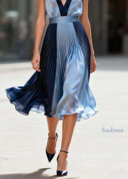 Classy Colorblock V Neck Wrinkled Patchwork Silk Dress Summer