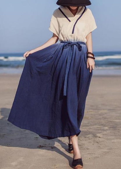 Classy Cotton clothes Women Women Drawstring V-Neck Solid Vintage A-Line Dress - SooLinen