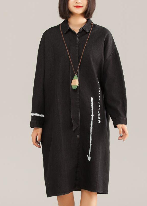 Edle Steppkleidung aus Baumwolle, Vintage, schwarz, lässig, Baumwolle, Graffiti-Pfeil, lockeres Kleid