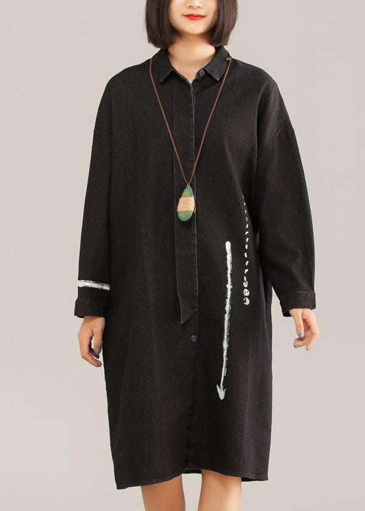 Edle Steppkleidung aus Baumwolle, Vintage, schwarz, lässig, Baumwolle, Graffiti-Pfeil, lockeres Kleid