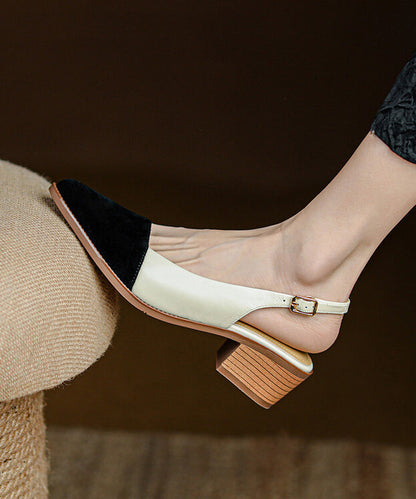 Classy Cowhide Leather Splicing Beige Sandals Pointed Toe