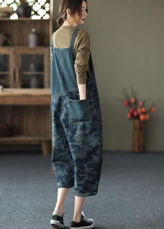 Classy Dark Blue Retro Print Cotton Body Suits Romper - SooLinen