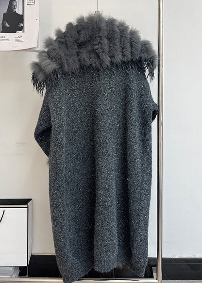 Eleganter, dunkelgrauer Paillettenmantel mit Taschen und kuscheligem Patchwork-Finish aus Wolle