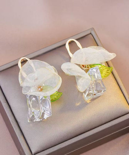 Classy Gold Acrylic Overgild Tulle Floral Hoop Earrings