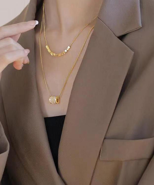 Collar con colgante de doble capa de circonita y acero inoxidable dorado y elegante