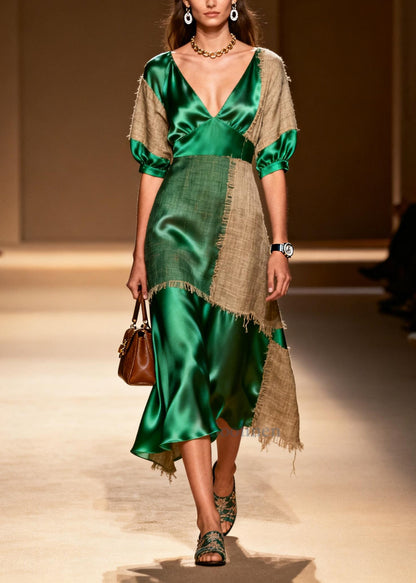 Classy Green Asymmetrical Patchwork Linen Silk Long Dress Summer