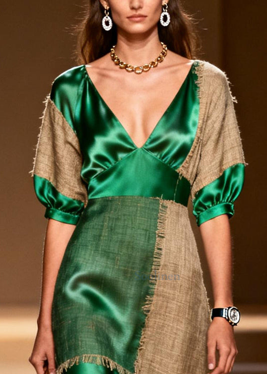 Classy Green Asymmetrical Patchwork Linen Silk Long Dress Summer