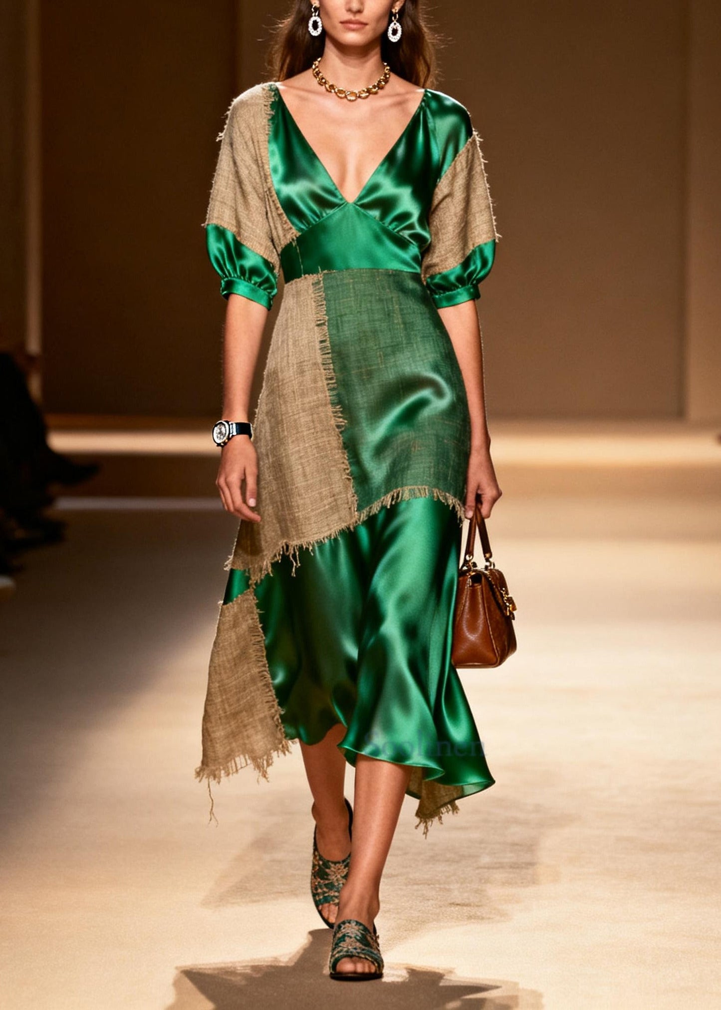 Classy Green Asymmetrical Patchwork Linen Silk Long Dress Summer
