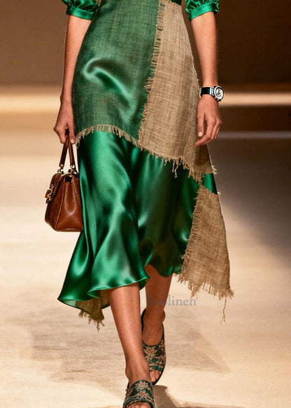 Classy Green Asymmetrical Patchwork Linen Silk Long Dress Summer