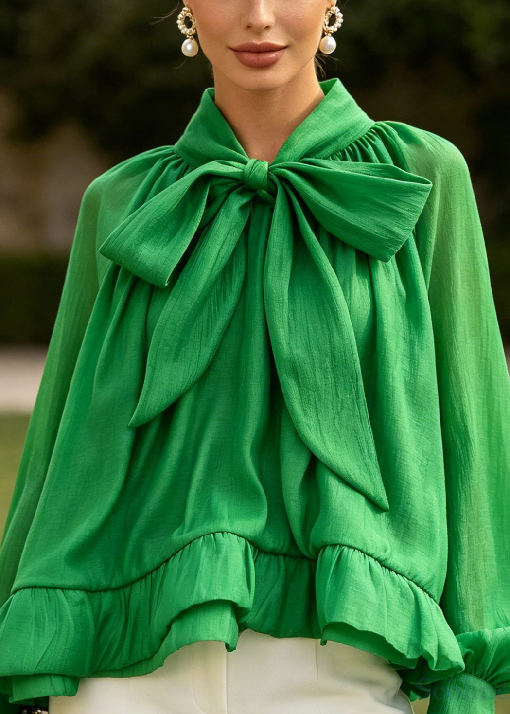 Classy Green Bow Puff Sleeve Plus Size Chiffon Shirt Top