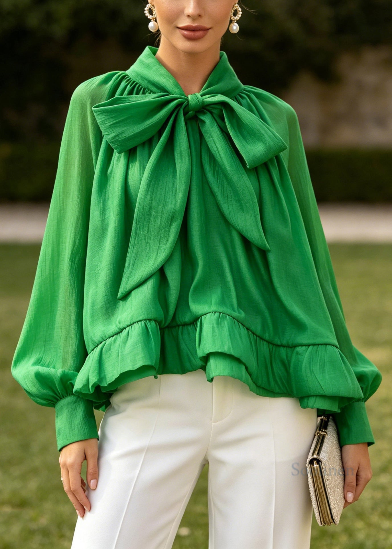 Classy Green Bow Puff Sleeve Plus Size Chiffon Shirt Top