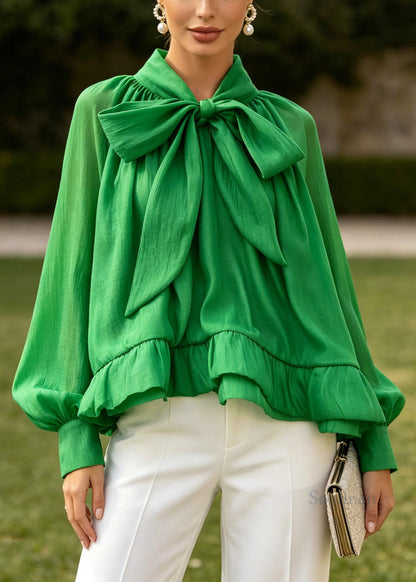 Classy Green Bow Puff Sleeve Plus Size Chiffon Shirt Top