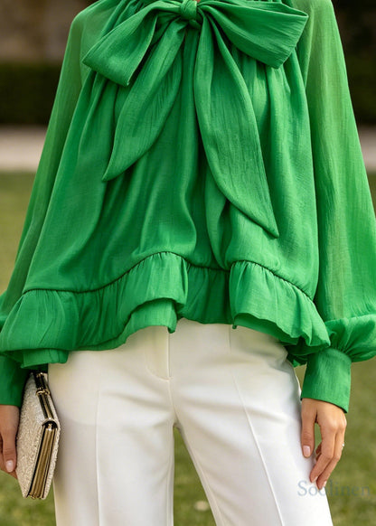 Classy Green Bow Puff Sleeve Plus Size Chiffon Shirt Top