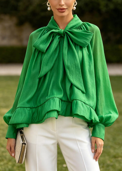 Classy Green Bow Puff Sleeve Plus Size Chiffon Shirt Top