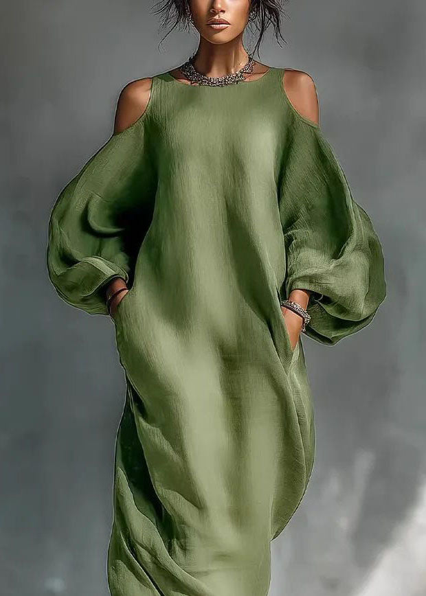 Classy Green Cold Shoulder Cotton Long Dresses Long Sleeve