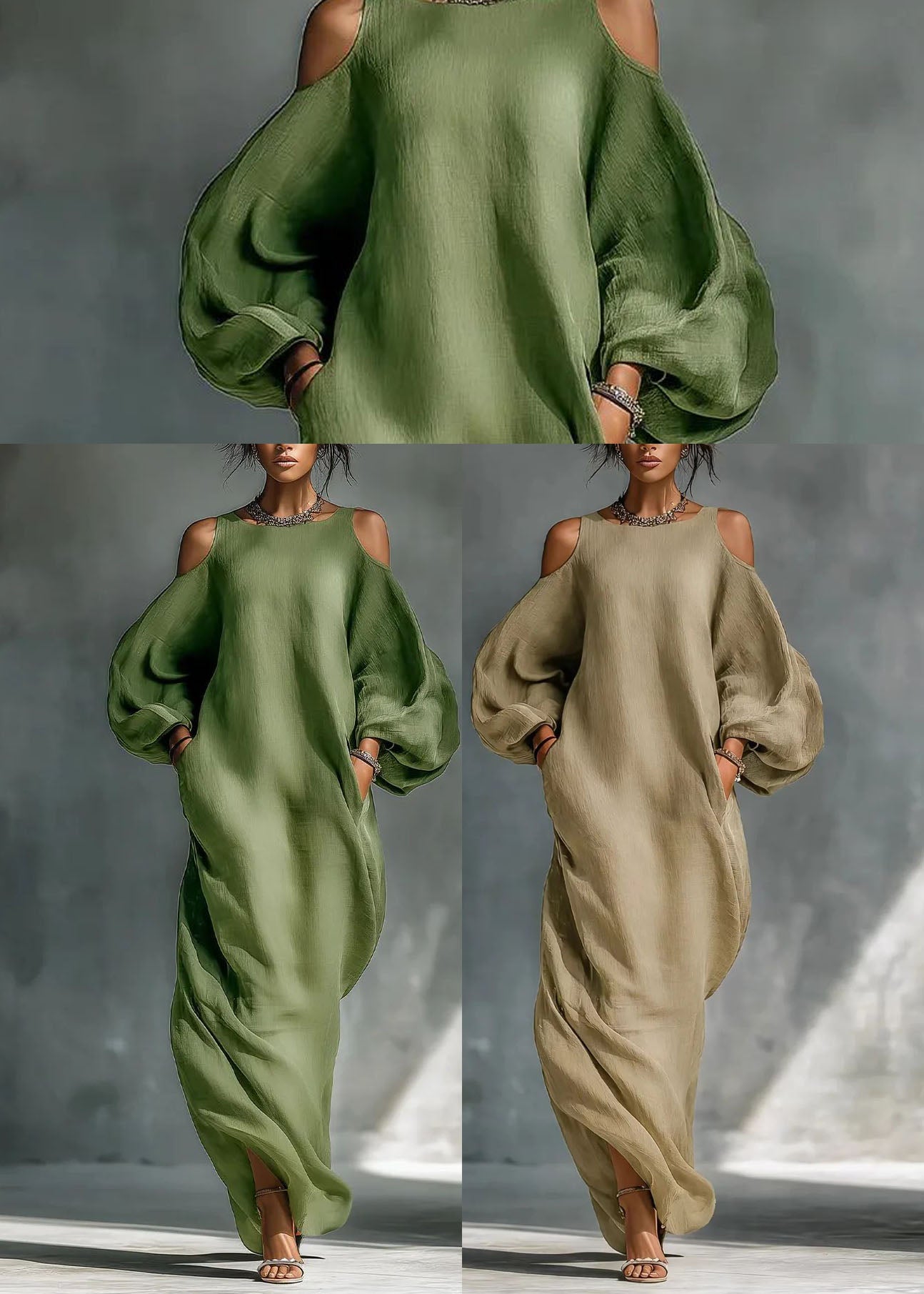 Classy Green Cold Shoulder Cotton Long Dresses Long Sleeve