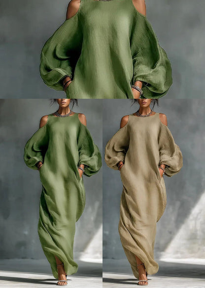 Classy Green Cold Shoulder Cotton Long Dresses Long Sleeve