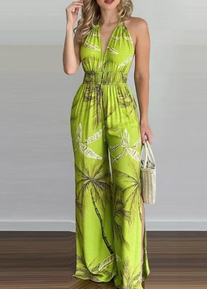Classy Green Elastic Waist Backless Print Chiffon Halter Jumpsuits Summer