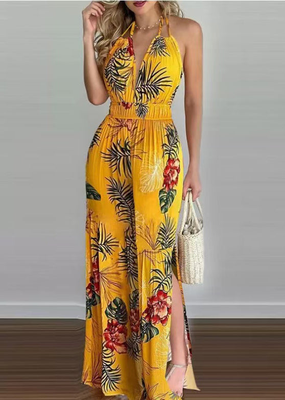 Classy Green Elastic Waist Backless Print Chiffon Halter Jumpsuits Summer