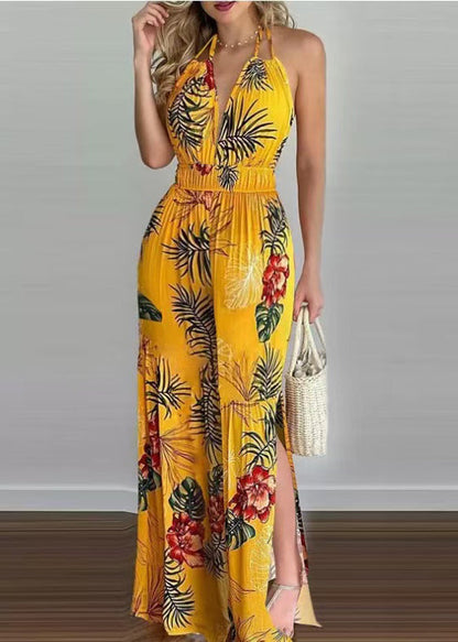 Classy Green Elastic Waist Backless Print Chiffon Halter Jumpsuits Summer