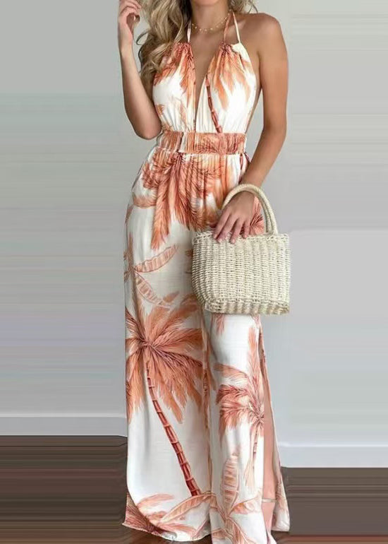Classy Green Elastic Waist Backless Print Chiffon Halter Jumpsuits Summer