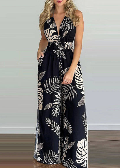 Classy Green Elastic Waist Backless Print Chiffon Halter Jumpsuits Summer