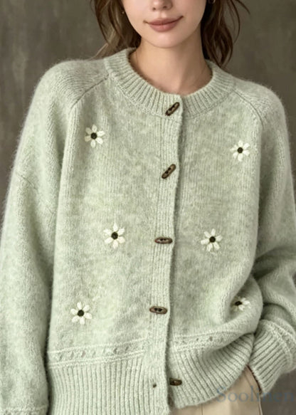 Classy Green O Neck Embroidered Knit Cardigans Fall