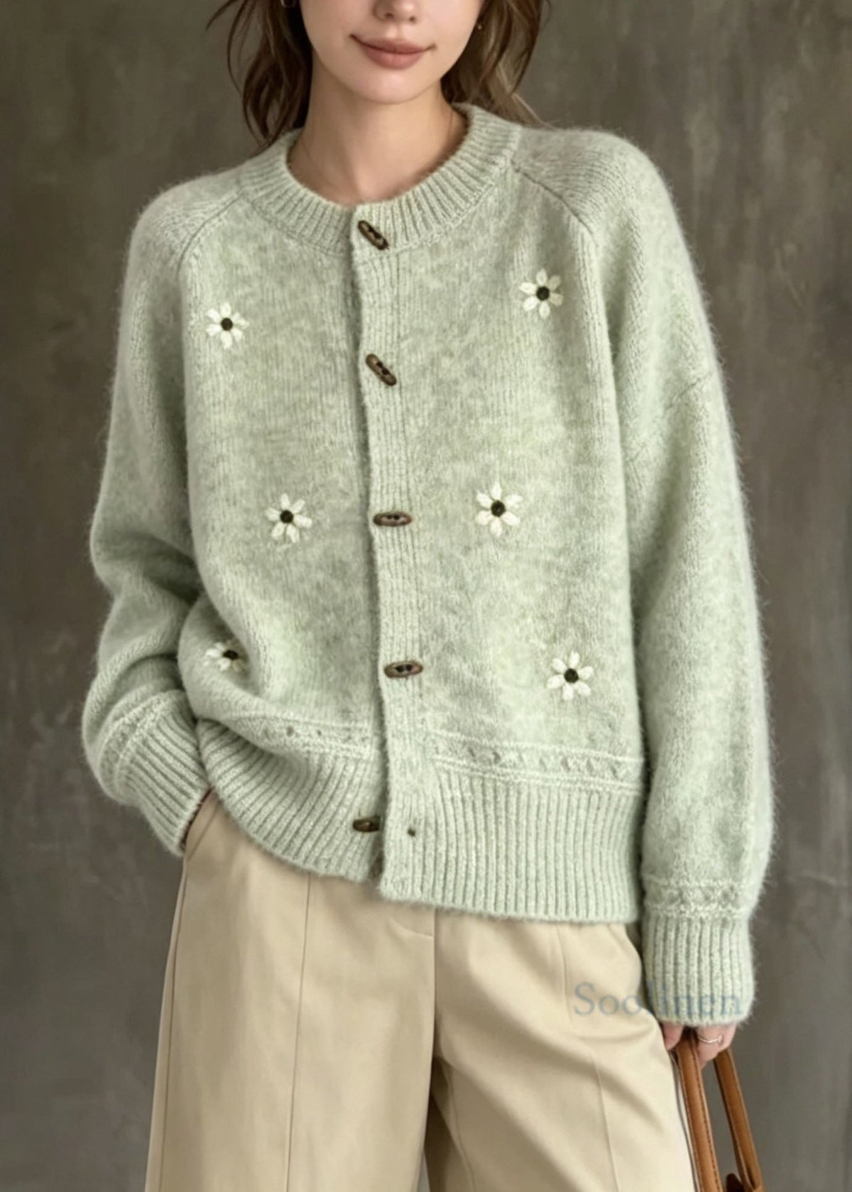 Classy Green O Neck Embroidered Knit Cardigans Fall