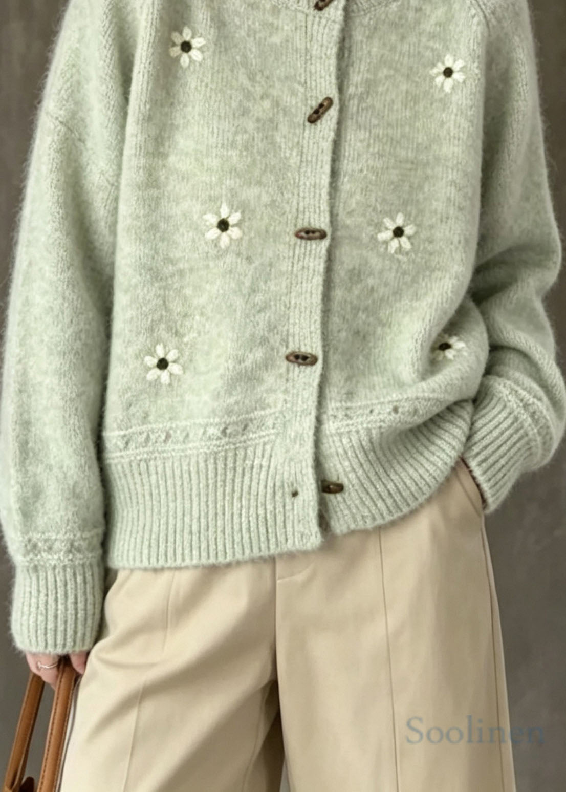 Classy Green O Neck Embroidered Knit Cardigans Fall
