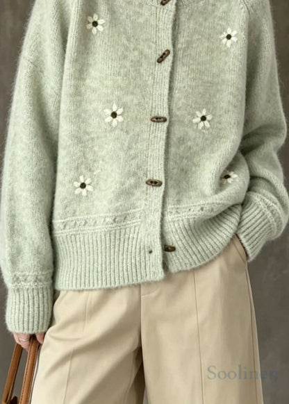 Classy Green O Neck Embroidered Knit Cardigans Fall