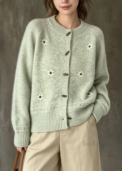Classy Green O Neck Embroidered Knit Cardigans Fall