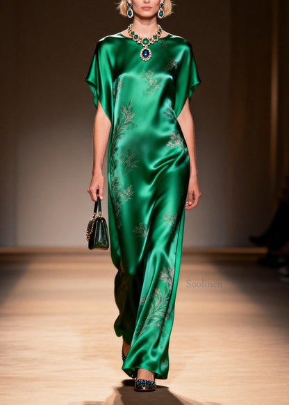Classy Green O Neck Jacquard Silk Long Dress Summer