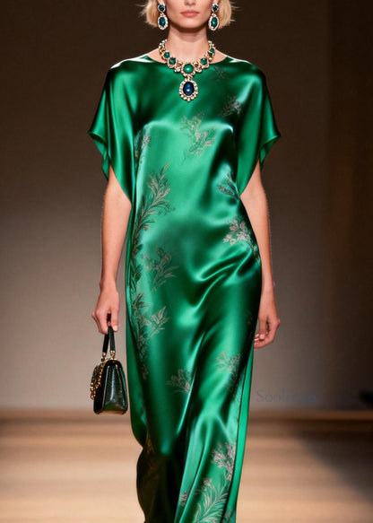 Classy Green O Neck Jacquard Silk Long Dress Summer